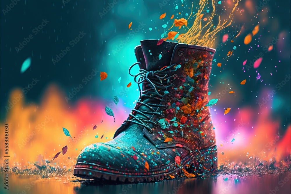 Aufkleber a painting of a pair of boots with colorful paint splashing out of the inside of them on a dark blue