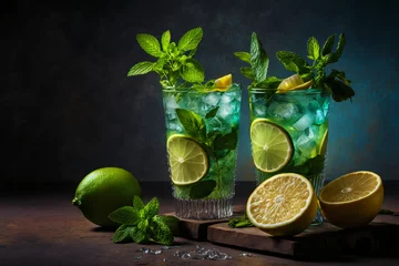 Foto op Plexiglas Fresh mojito mint cocktails with lime and brown sugar. Two glasses of mojito cocktail with fresh mint and lime juice. Fresh alcoholic rum mojitos on wooden table with green lime slices, generative ai © overrust