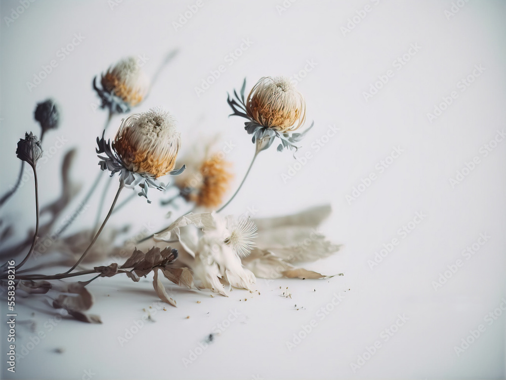 Poster a bunch of dead flowers sitting on top of a white table top next to a white wall with a white frame 