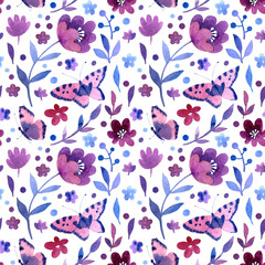 Fototapeta na wymiar Seamless pattern of watercolor purple wildflowers with blue leaves and butterfly. Meadow elements on white background.