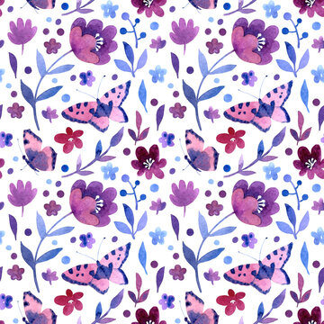 Seamless pattern of watercolor purple wildflowers with blue leaves and butterfly. Meadow elements on white background.