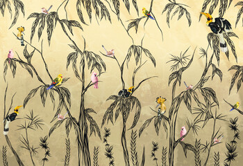 Bird in the tropics on a textured beige background, contour branches, art drawing, photo wallpaper in the interior