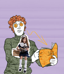 Conceptual art collage with little girl reading books over drawn portrait of woman. Concept of inner child, childhood and dreams. Background with crumpled paper effect