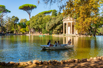 Temple of Aesculapius and pond in gardens of Villa Borghese, Rome, Italy