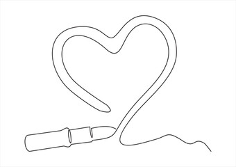 Continuous line drawing. Heart is drawn by lipstick.