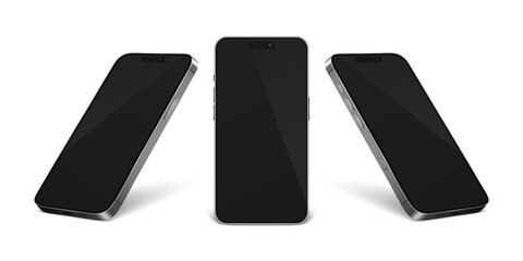 Vector 3d Realistic Gray Silver Chrome Modern Smartphone Design Template Set Closeup Isolated on White Background. Mobile Phone Mockup. Telephone Device UI UX, Phone in Front, Half Turn View
