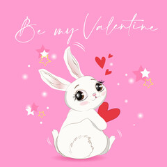 cute rabbit bunny brown eyes vector drawing be my valentine stars holiday romance postcard cute drawing love i love you