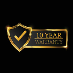 10 year warranty logo with golden shield and golden ribbon.Vector illustration.