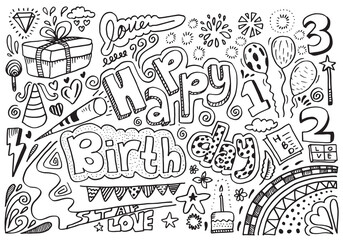 hand draw birthday element, flags, cakes, gifts, flowers, hearts, candy.