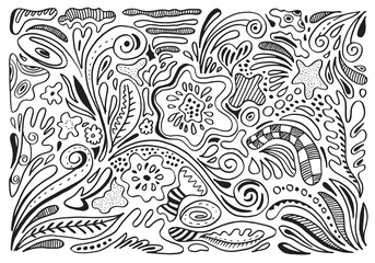 Decorative abstract with doodles of shapes.