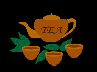 teapot and cup of tea on black background