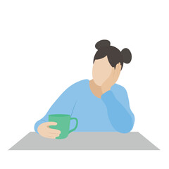 Portrait of a girl with a cup in her hands at the table, flat vector, isolated on white, faceless illustration, coffee break