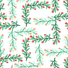 Seamless pattern with berry branches. Hand drawn wild berries floral wallpaper.