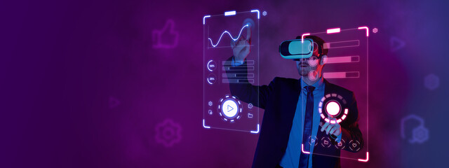 Manager, businessman in virtual reality headset with charts on screen projection over futuristic server room background in neon. Technology concept