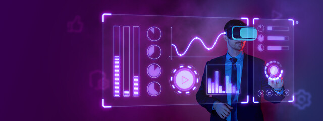 Manager, businessman in virtual reality headset with charts on screen projection over futuristic server room background in neon. Technology concept