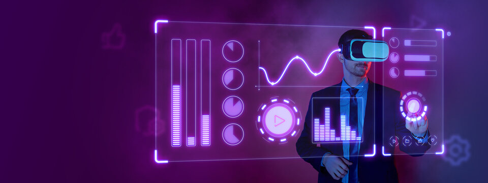 Manager, businessman in virtual reality headset with charts on screen projection over futuristic server room background in neon. Technology concept