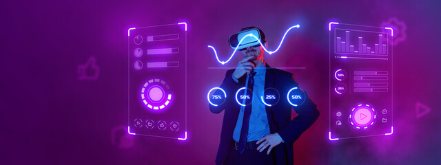 Young businessman in suit wearing VR glasses on his head touch virtual screen over purple background in neon light. Business, NFT token digital crypto art blockchain technology concept.