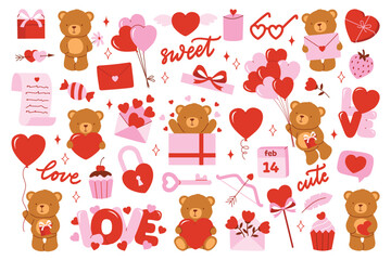 Lovely bear with hearts, balloons, love letters and gift boxes in pink and red colors. Clipart collection. Vector flat design