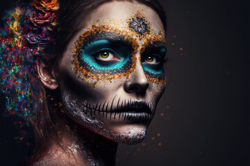 Woman with Calavera (Mexican Sugar skull) makeup, colorful, floral skull for dia de los muertos (Day of the Dead), generative AI technology