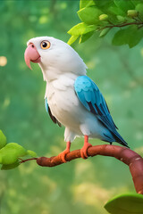 A colourful parrot from a cartoon character is sitting on a branch against a background of trees in the forest. 3D rendering , illustration.