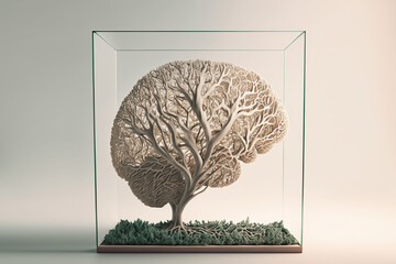 Wireframe brain that looks like a tree in a fish tank. Generative AI