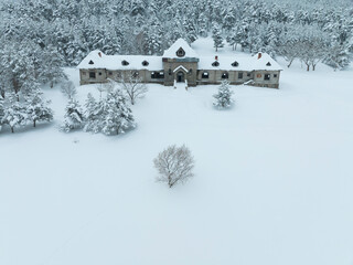 Katherina Hunting Lodge in the Winter Season Drone Photo, Sarikamis Kars, Turkey