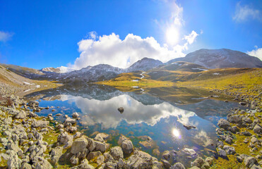 Duchessa lake and Morrone mount (Italy) - The landscape summit with snow of Mount Morrone and...