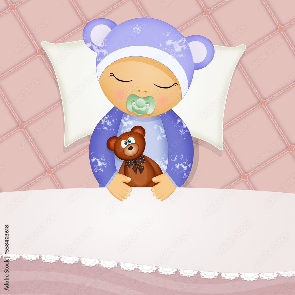 Wall mural baby sleeps in the bed with the teddy bear