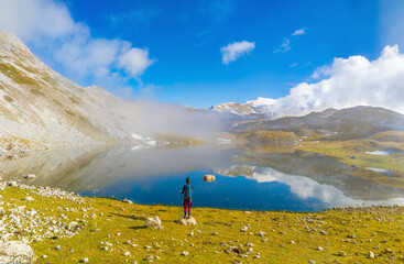 Duchessa lake and Morrone mount (Italy) - The landscape summit with snow of Mount Morrone and...