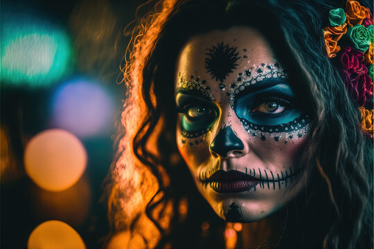Woman with Calavera (Mexican Sugar skull) makeup, colorful, floral skull for dia de los muertos (Day of the Dead), generative AI technology