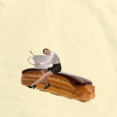 Contemporary art collage. Creative design. Young woman, employee sitting on delicious eclair and...