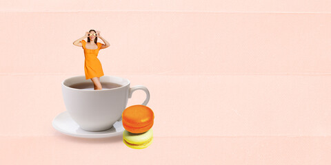 Contemporary art collage. Creative design. Young girl standing inside cup with black tea over pink...