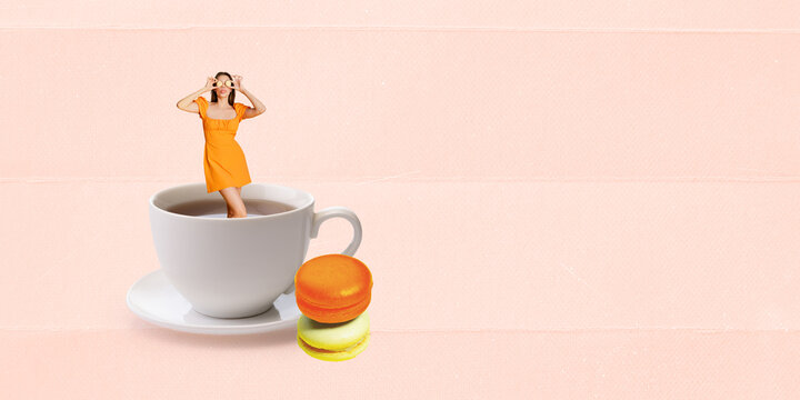 Contemporary art collage. Creative design. Young girl standing inside cup with black tea over pink background. macarons for desert