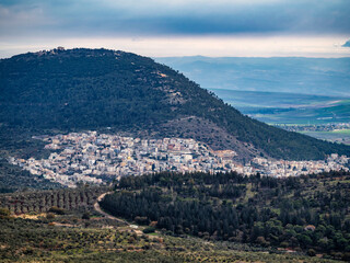 View of the biblical Mount Tabor and the Arab villages at its foot, neighborhood Nazareth, Israel