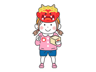 鬼のお面をかぶった、幼稚園児の女の子のイラスト