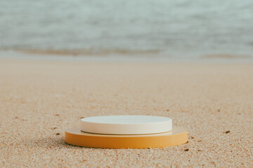 Empty round beige platform podium on the beach