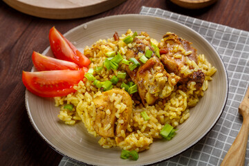 Chicken rice in teriyaki and soy sauce garnished with green onions and tomatoes in a plate.