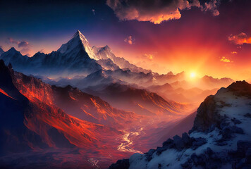 A Breathtaking Sunset In The Himalayas Mountains. Generative AI