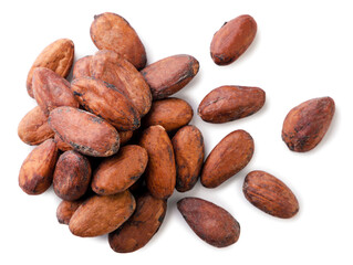 Cocoa beans scattered on a white. Top view