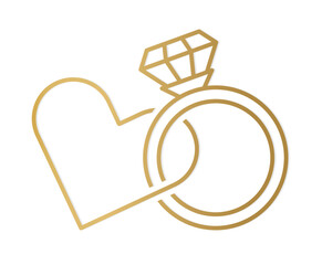 golden diamond engagement ring and heart icon  - vector illustration