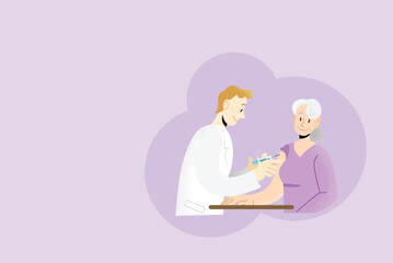 Young man doctor vaccinating an old woman patient arm with syringe. International vaccination campaign against virus. Vaccine inoculation. Coronavirus treatment.