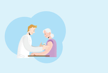 Coronavirus international vaccination campaign vector. Young doctor vaccinating senior woman patient arm. Covid-19 virus vaccine inoculation. Protection against virus. Injecting vaccine with syringe.