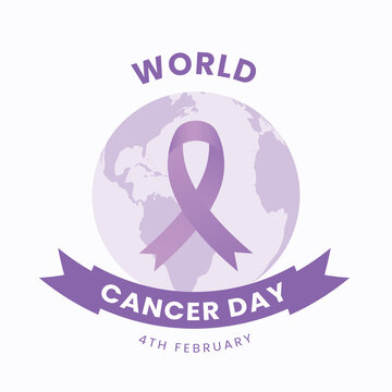 world cancer day poster template with purple ribbon and planet earth vector illustration
