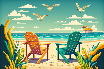 Beach with chairs. Generative Ai illustration in vector style. - 558409467