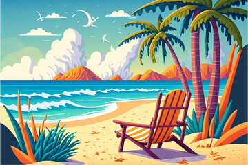 Fototapeta na wymiar Beach with palm trees. Generative Ai illustration in vector style.