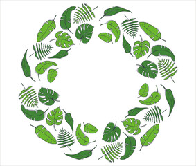 Round frame with bright tropical leaves. Natural design. Vector illustration in a flat style.