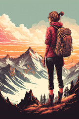 Female hiker in the mountains. Generative Ai.