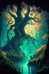 Fototapeta na wymiar Enchanting fairy-tale forests of the Elven Kingdom. The towering trees and sparkling streams of this mythical realm are straight out of a storybook. Vector illustration. Generative Ai.