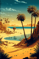 Glorious golden sands of the Lost Oasis. The crystal clear waters and palm trees of this deserted tropical paradise are a true hidden gem. Generative Ai.