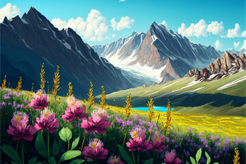 Meadow with flowers and mountains. Generative Ai illustration in vector style.